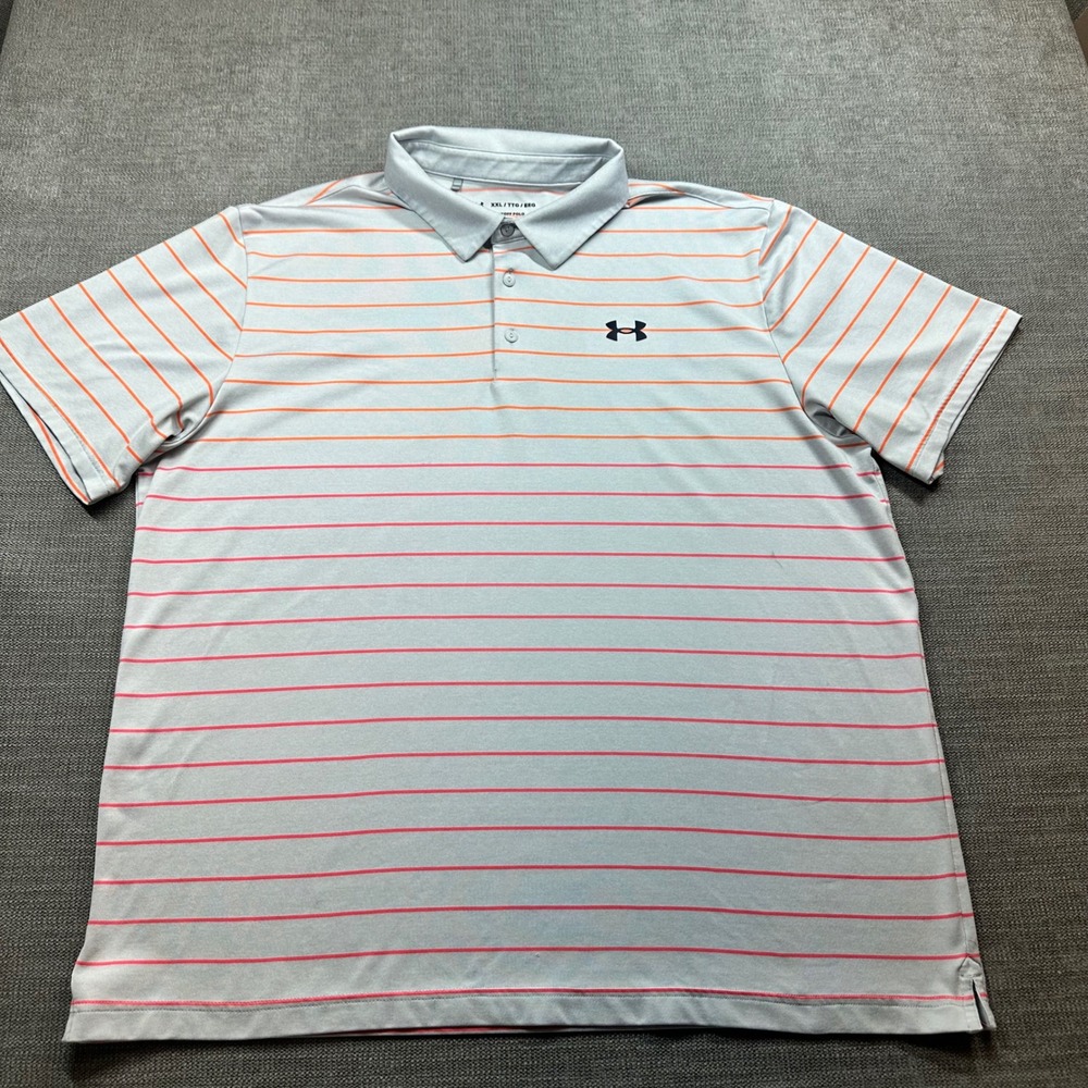 Under Armour Playoff Polo Mens XXL Gray Orange Striped Loose Fit Shirt